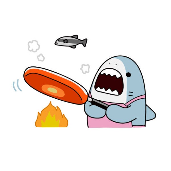 Shark in an apron frying fish in a frying pan. Cartoon.