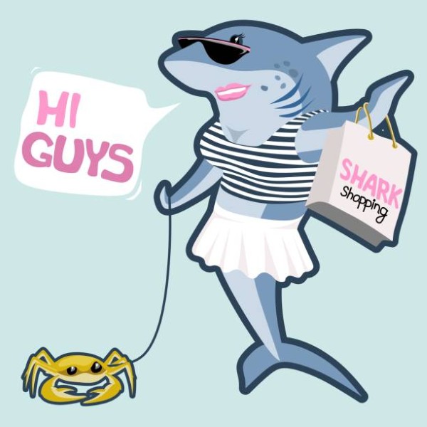 funny shark walking with sea crab for shopping