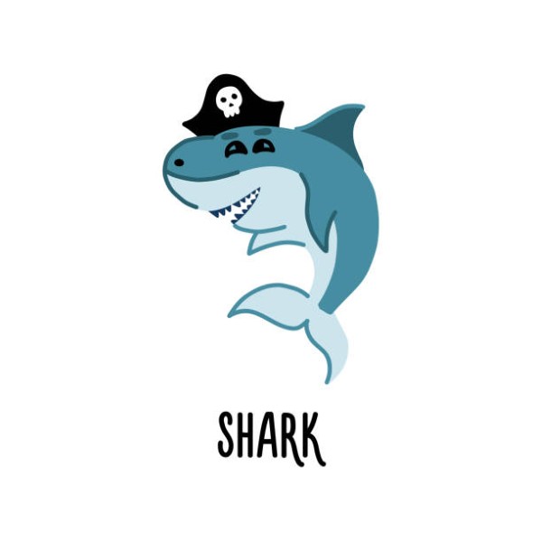 Cartoon cute Image of a shark in a pirate cap
