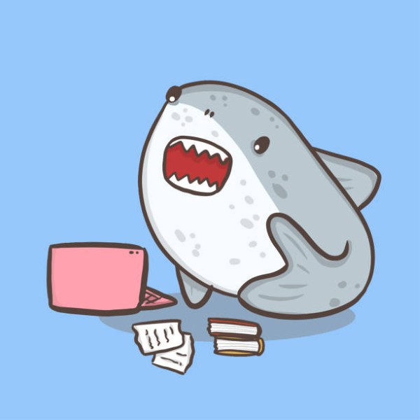 cute shark cartoon student animal think and study on laptop, back to school