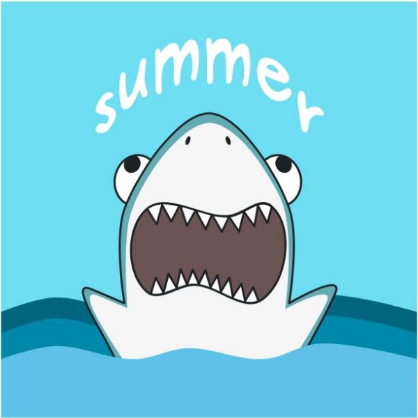 summer hand written calligraphy with cute cartoon shark vector illustration