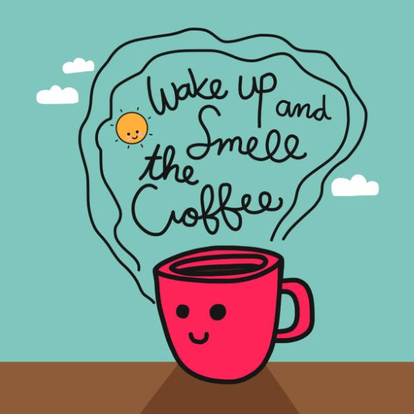 Wake up and smell the coffee cup cartoon vector illustration doodle style