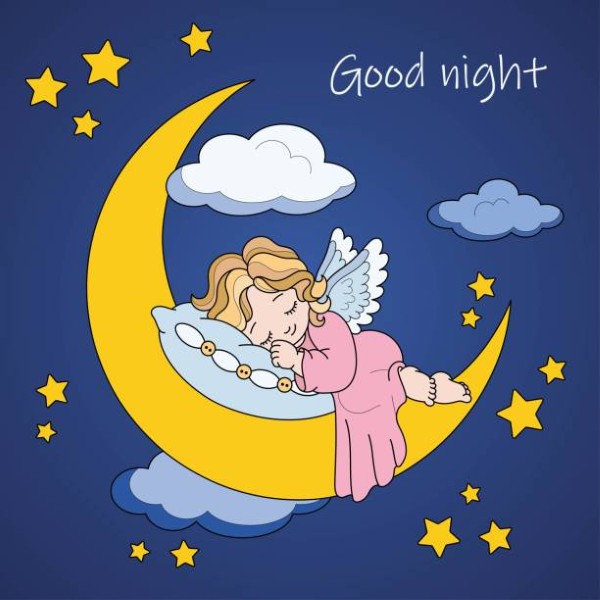 Angel sleeps on the moon. Good night card. Color vector illustration.
