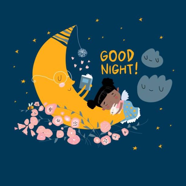 Cute girl sleeping on the moon among stars. Vector illustration