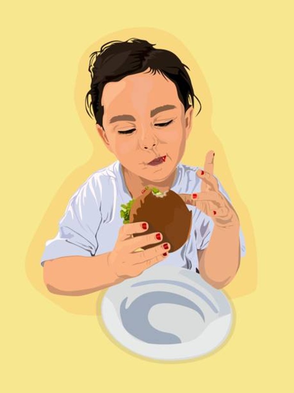 little girl eating burger flat design illustration