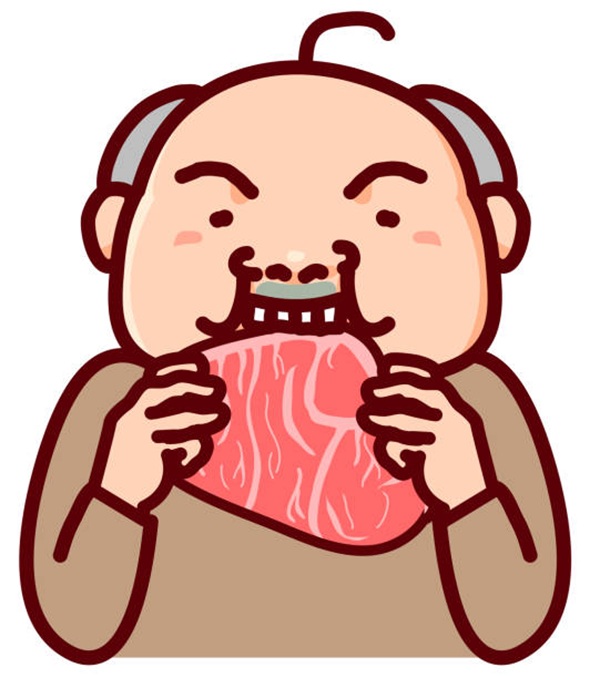 Middle aged man eating raw meat.
