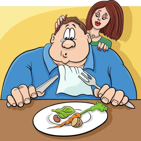 Cartoon humorous illustration of sad man on a diet with his wife
