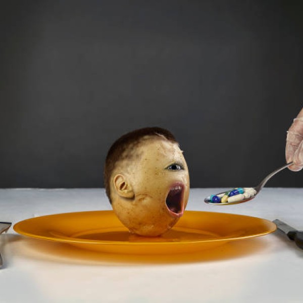 Potato with human features is being fed with chemicals.