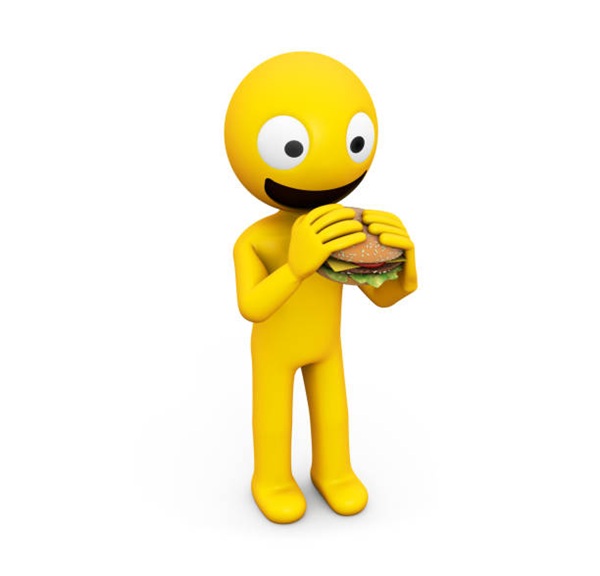 3d rendering character isolated eating a hamburger