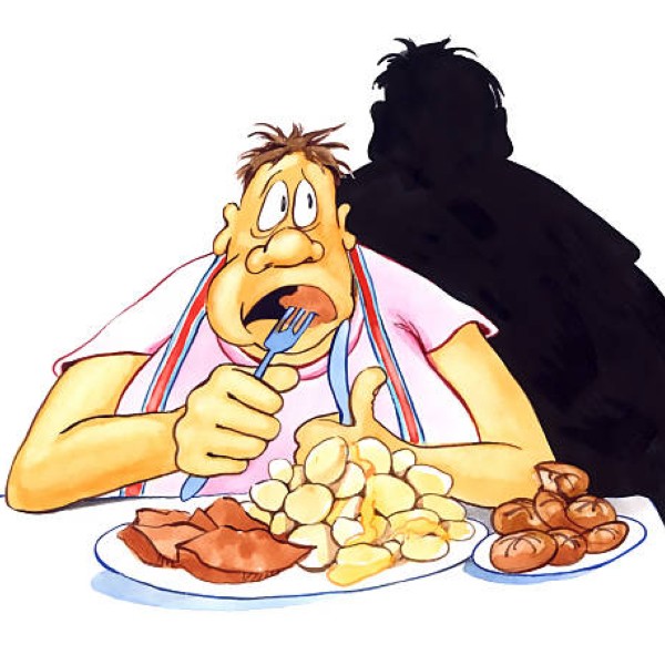 illustration of stressed overweight man eating