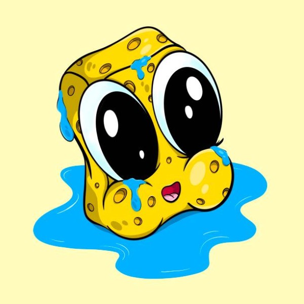 Crying adorable sponge cleaner with giant cartoon eyes.
