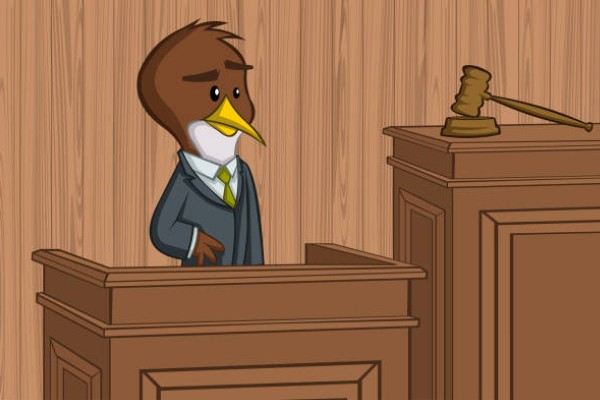 Cartoon bird standing in the dock. Sad defendant Nightingale in a court of law.