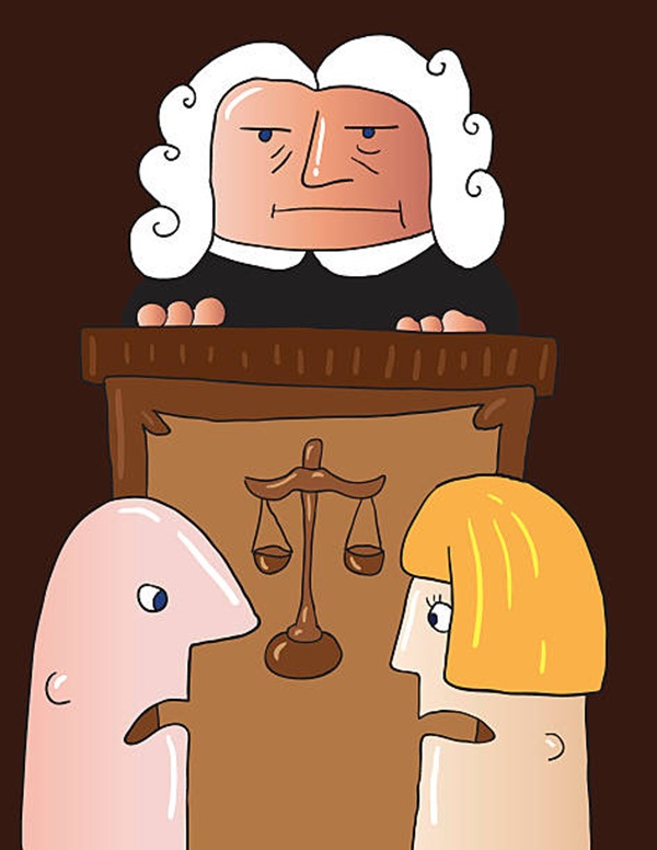 Man and woman divorcing at courthouse with a judge.