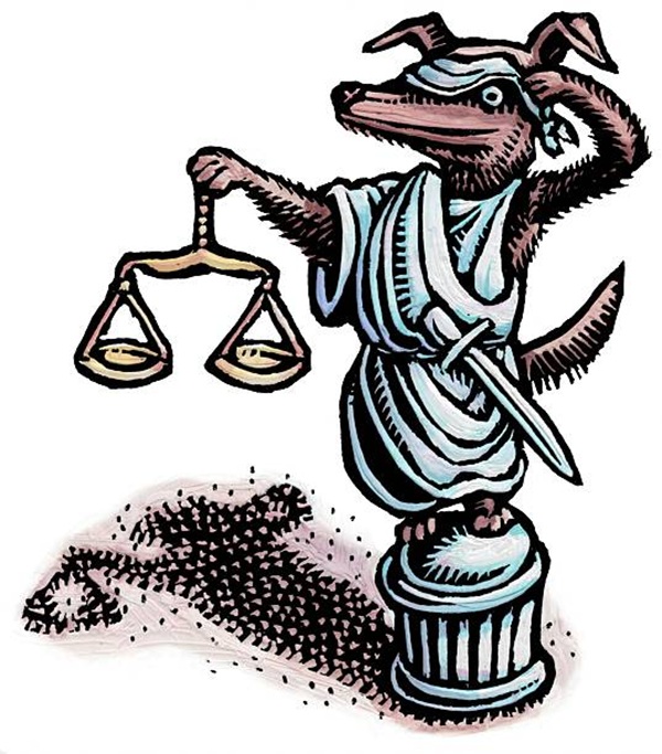 dog on pedestal dressed as justice lifts his blindfold while holding scales