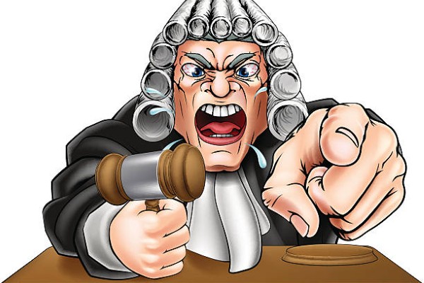 Cartoon angry judge cartoon character screaming and pointing
