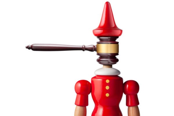Pinocchio with a judge gavel nose on white background.