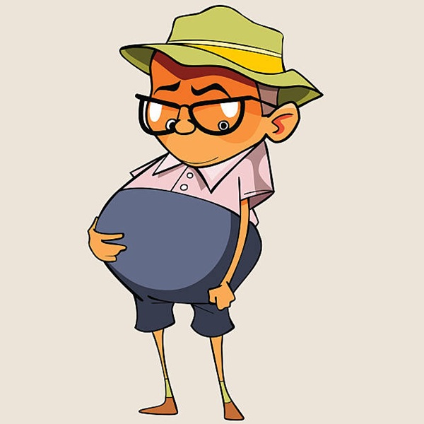 cartoon funny pot-bellied man in the hat looks at your belly