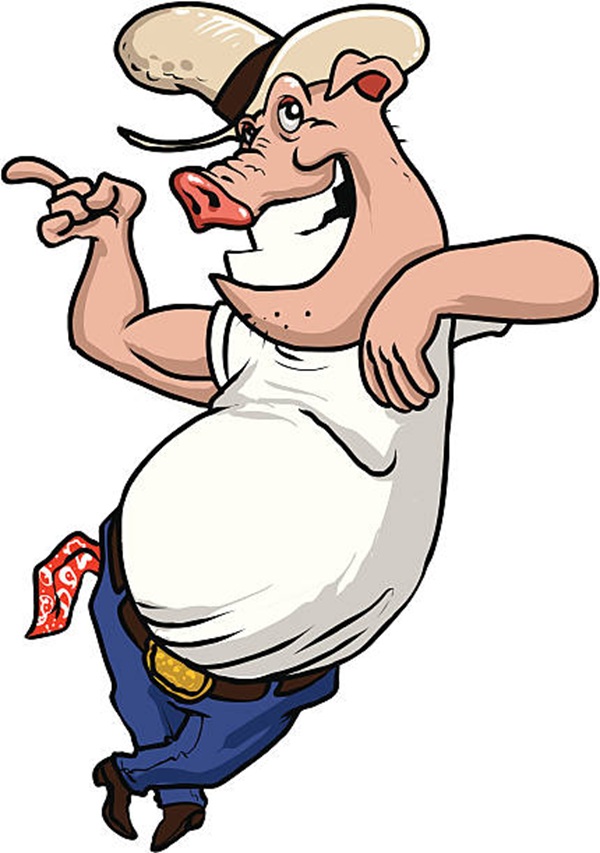 A happy pig wearing a cowboy hat.