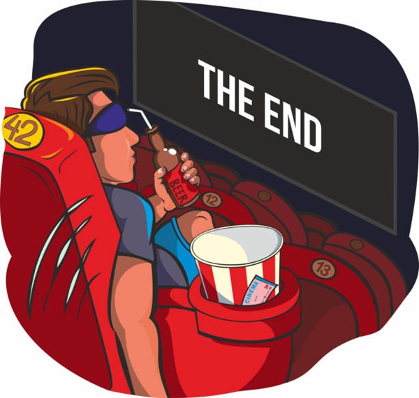 art illustration of young man in 3d glasses watching final title of movie