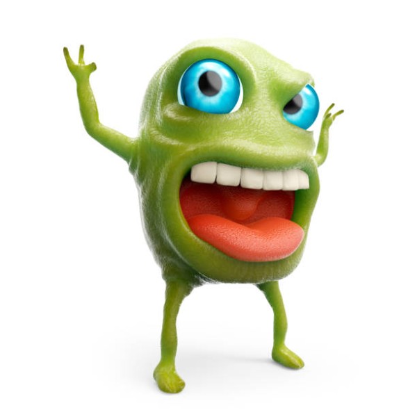 cartoon 3d slime monster scares raising his hands. 3d illustration