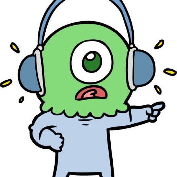 cartoon cyclops alien spaceman pointing wearing headphones