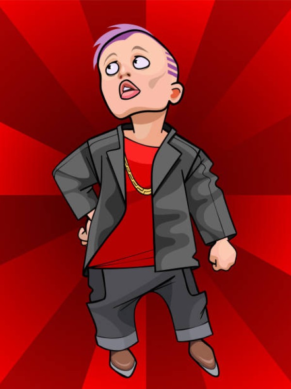cartoon man gay man or woman with purple hair looks up on the red background