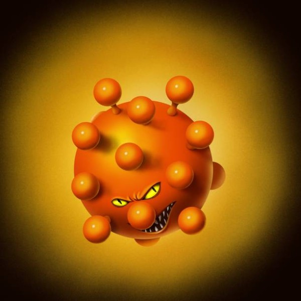 Scary Corona Virus in Wuhan. Cartoon Character. Dark Background.