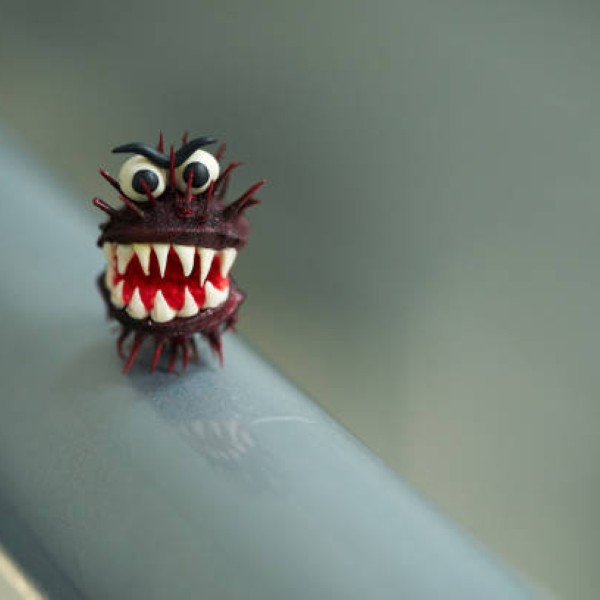 Close up figure of virus covid 19 on the railing of the stairs