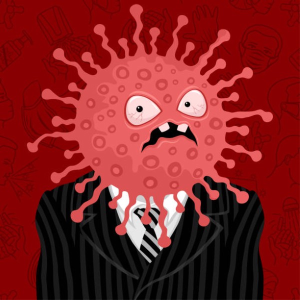 Coronavirus in suit with tie on red background.