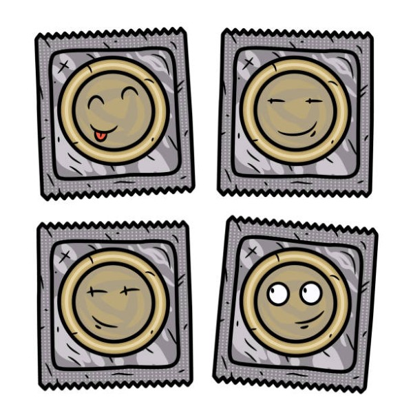 Set of condom. Cartoon condom set. Vector cartoon comic characters