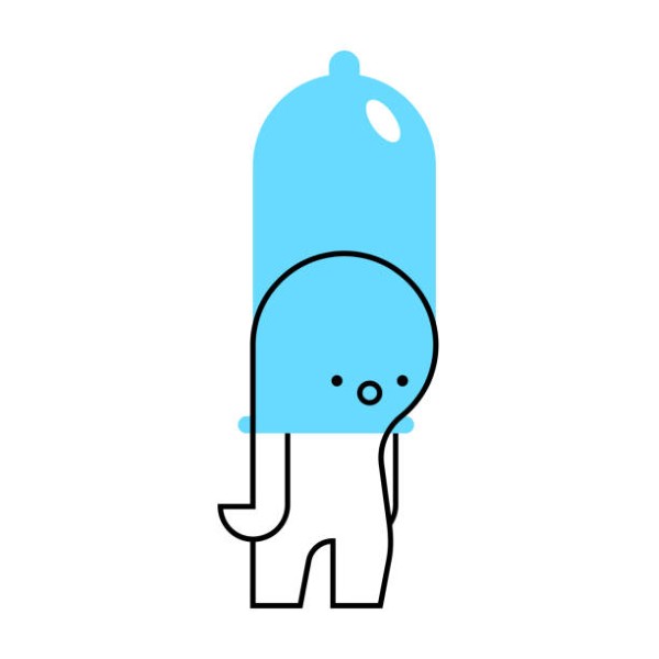 Condom on head. Concept funny stupid person