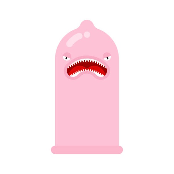 Angry condom cartoon isolated. Evil rubber vector illustration