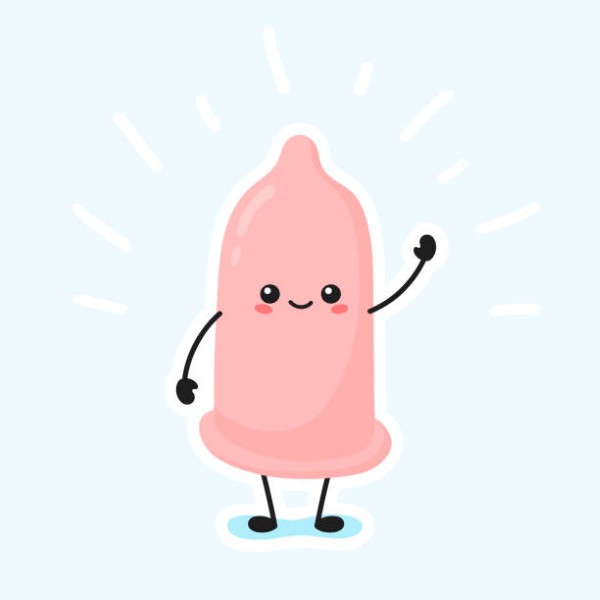 pink kawaii condom. protected sex. Cartoon style.