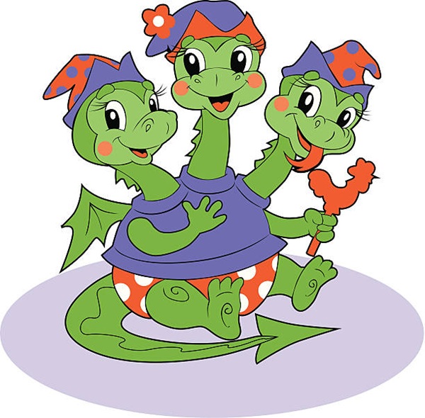 Funny baby-dragon with three heads holding sweet