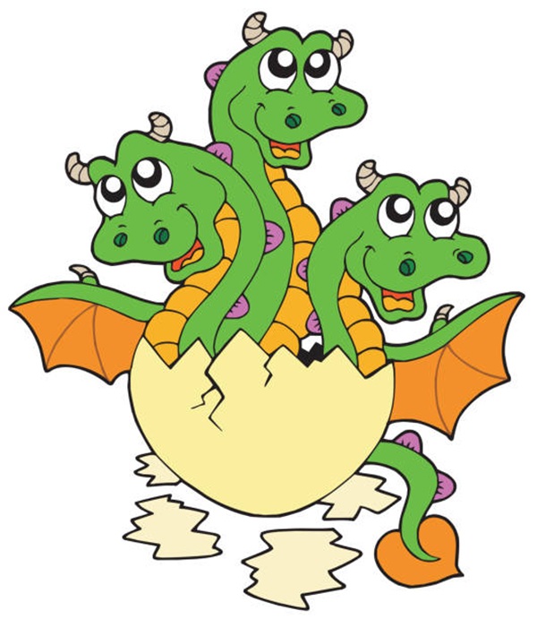 Little three headed dragon in egg – vector illustration.