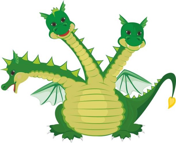 Cute three headed green dragon. Vector illustration