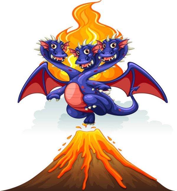 Dragon coming out of a volcano