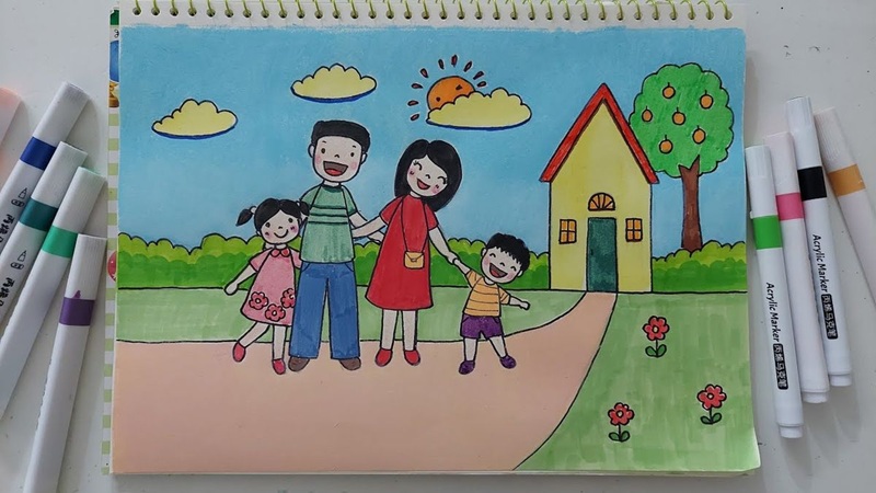 tranh vẽ gia đình 4 người đơn giản 1