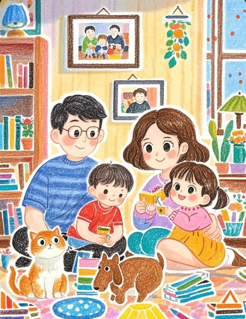 tranh vẽ gia đình 4 người đơn giản 13