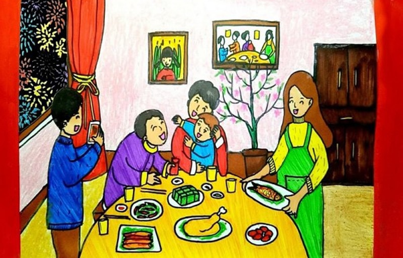 vẽ tranh gia đình ngày tết​ 18