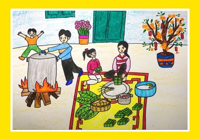 vẽ tranh gia đình ngày tết​ 9